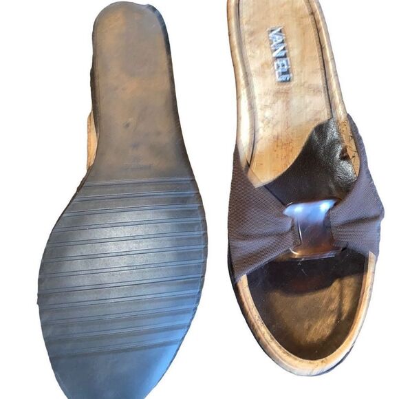 Van Eli slip on bow sandals pendant peep toe wedge cork 9 black summer resort - Picture 2 of 5